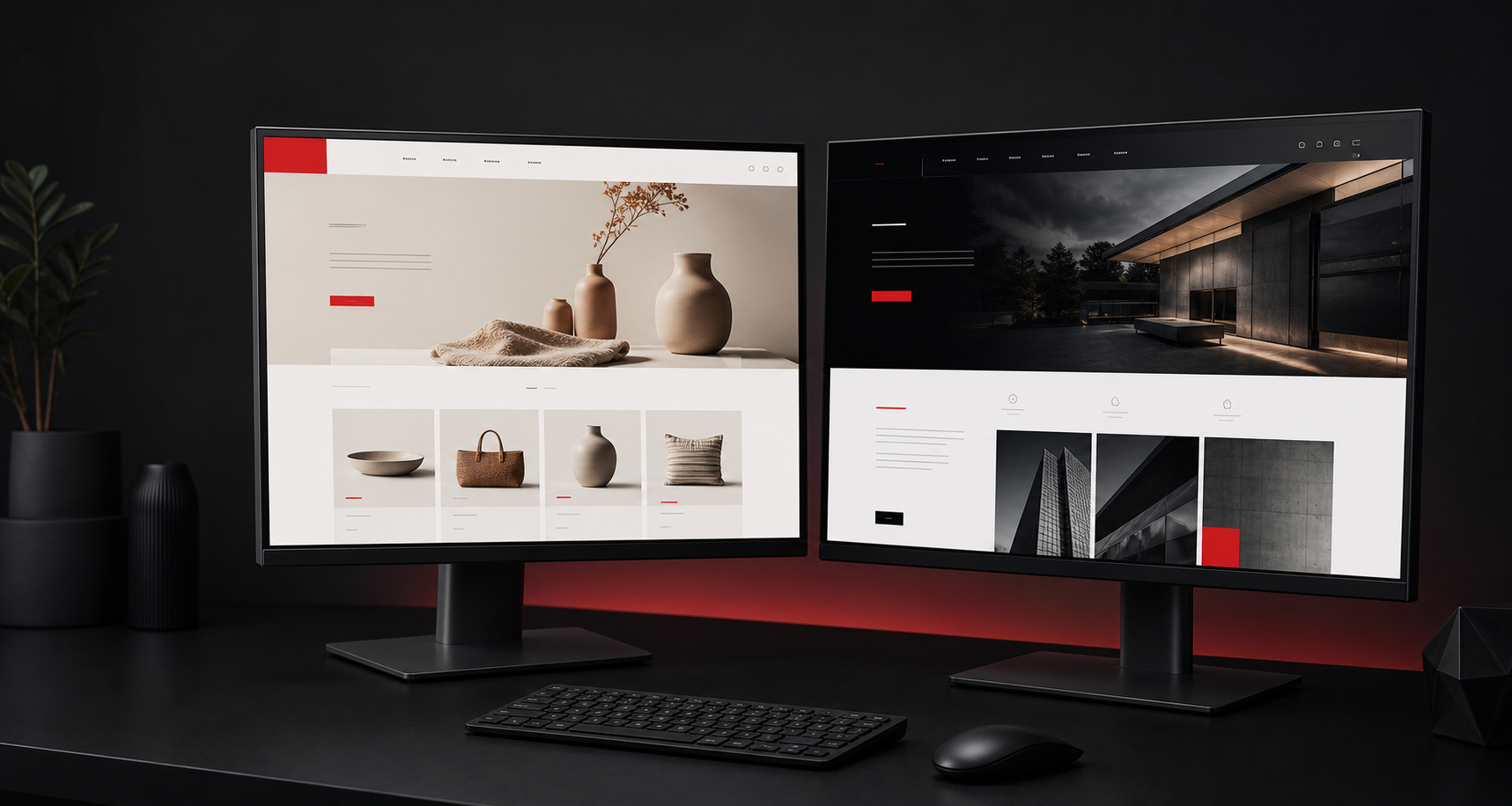 Dva stolné monitory s ukážkou moderného e-shopu a firemnej stránky
